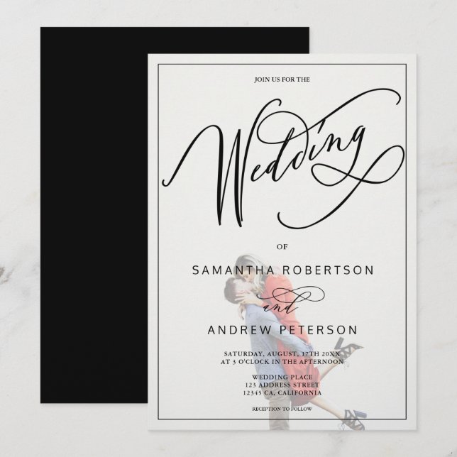Invitation Mariage photo calligraphie noir blanc minimaliste (Devant / Derrière)
