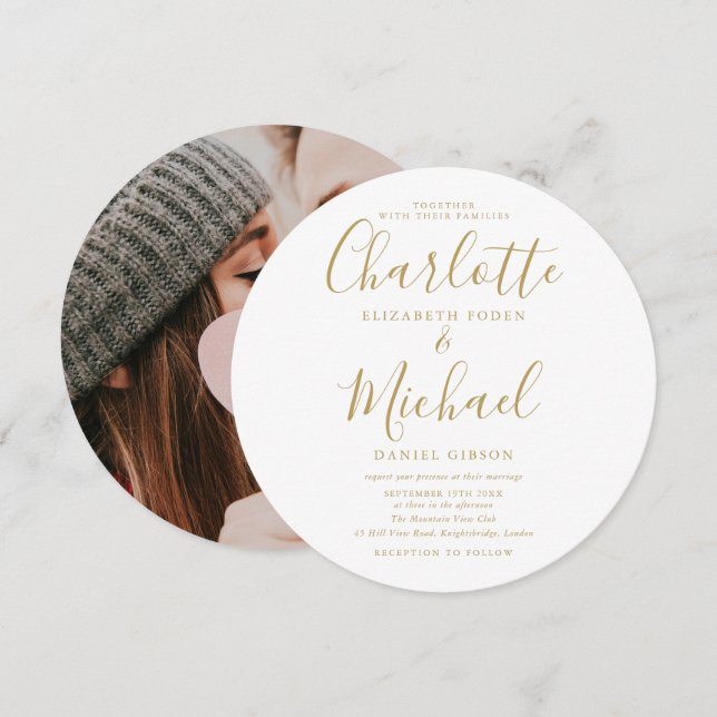 Invitation Mariage photo circulaire de script Gold Signature (Devant / Derrière)