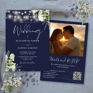 Invitation Mariage Photo Code QR Lumières de verdure Bleu mar