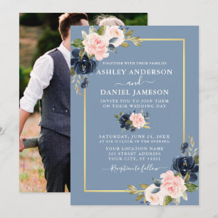 Invitation Mariage photo couleur bleu bleu rose flou or