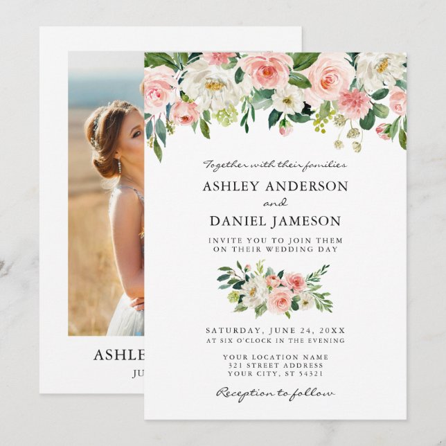 Invitation Mariage photo couleur rose pâle rose (Devant / Derrière)