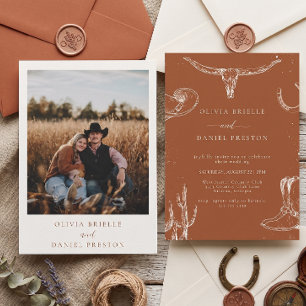 Invitation Mariage Photo Cow-Boy Occidental Terracotta Rustiq
