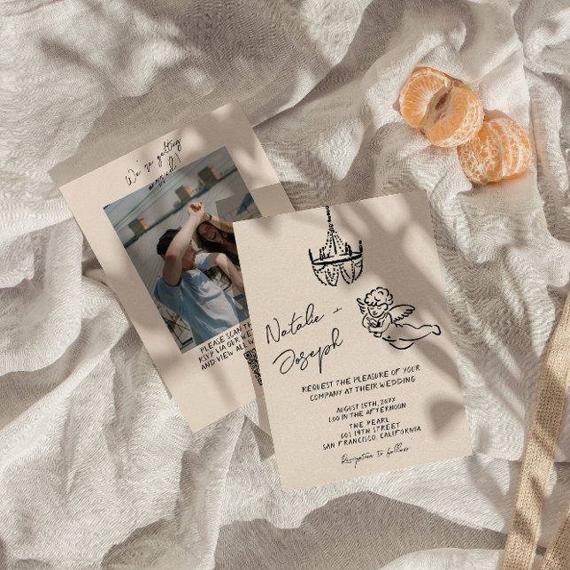 Invitation Mariage photo Cupidon du code QR tiré à la main (Créateur téléchargé)