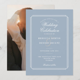 Invitation Mariage photo d'art déco de script bleu poussiéreu