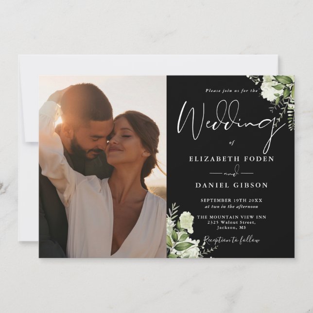 Invitation Mariage photo de code QR Black and White Greenery (Devant)