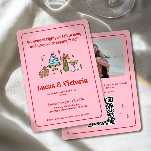 Invitation Mariage photo de code QR blanc rose main (Créateur téléchargé)