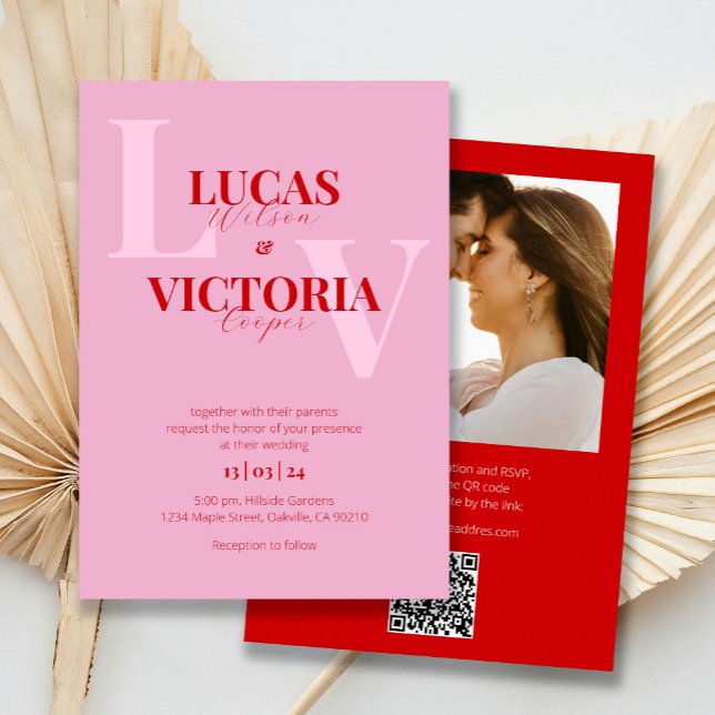 Invitation Mariage photo de code QR rose et rouge vif (Créateur téléchargé)