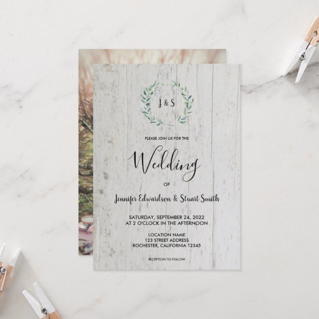 Invitation Mariage photo de couleur d'eau rustique feuille mo (Devant/Arrière en situation)