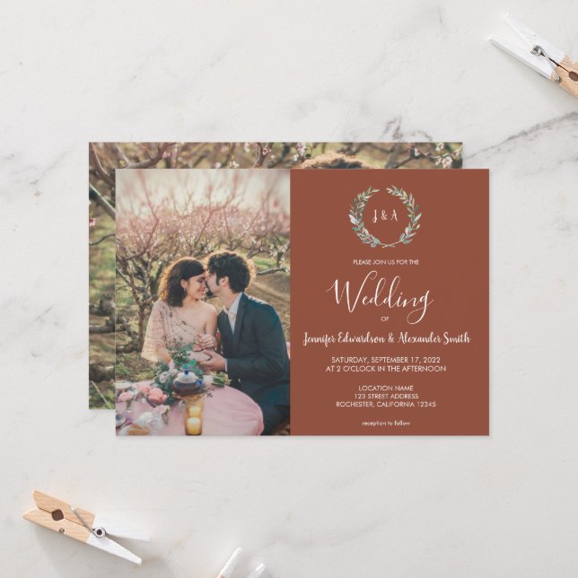 Invitation Mariage photo de couleur d'eau rustique feuille mo (Devant/Arrière en situation)