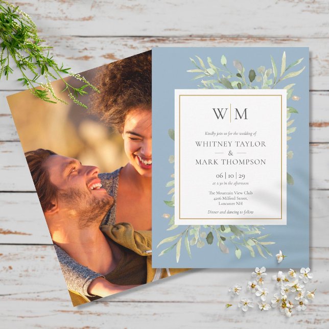 Invitation Mariage photo de greenery bleu poussiéreux de mono (Créateur téléchargé)