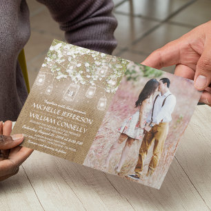 Invitation Mariage Photo de Gypsophile sur toile de jute rust