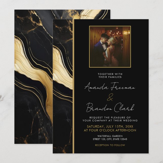 Invitation Mariage photo de luxe en marbre noir et or (Devant / Derrière)