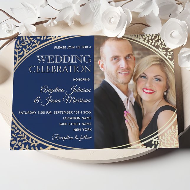 Invitation Mariage photo de luxe Marine et Gold (Créateur téléchargé)