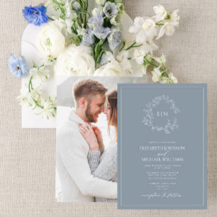 Invitation Mariage photo de monogramme de crête feuillue bleu