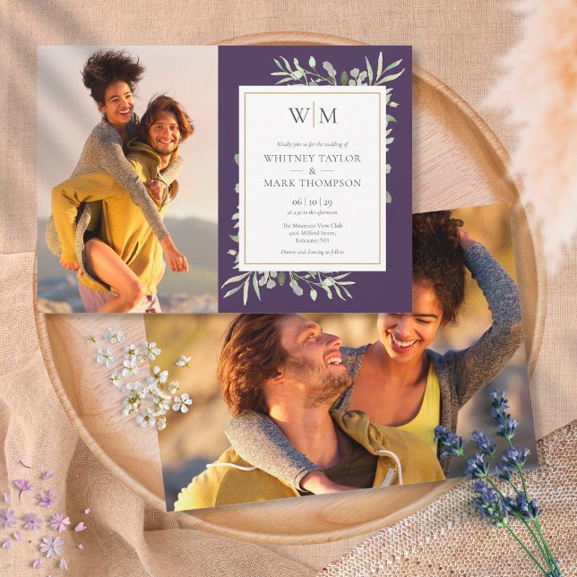 Invitation Mariage Photo de Monogramme de Verdure Violet (Créateur téléchargé)