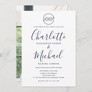 Invitation Mariage photo de noeud marine bleu Script nautique