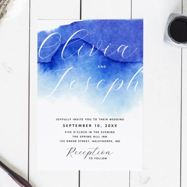 Invitation Mariage photo de script bleu marine + détails QR (Créateur téléchargé)