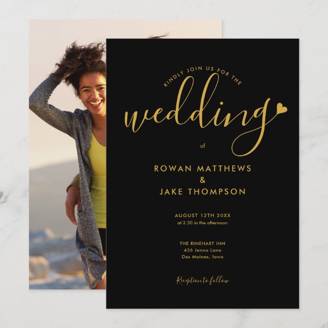 Invitation Mariage photo de script élégant Black and Gold Hea (Devant / Derrière)