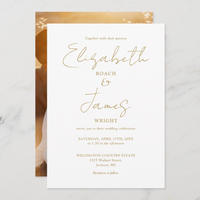 Invitation Mariage photo de script minimaliste Gold Modern (Devant / Derrière)