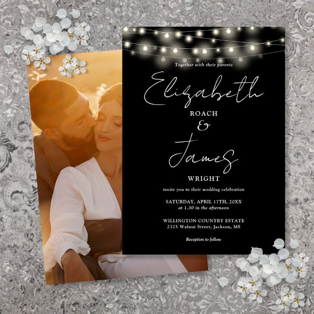 Invitation Mariage photo de script noir et blanc (Black And White String Lights Script Photo Wedding Invitation)