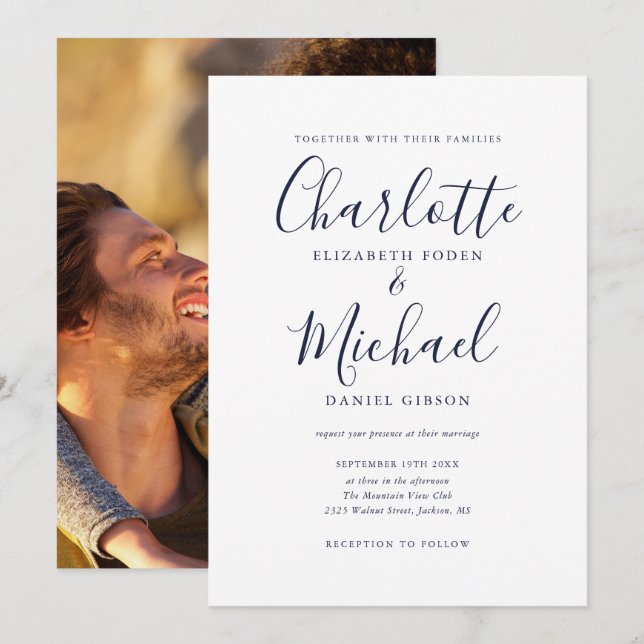 Invitation Mariage photo de signature bleu de la Marine (Devant / Derrière)