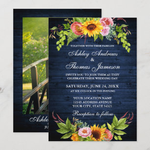 Invitation Mariage photo de tournesol Floral Rustic Blue Wood
