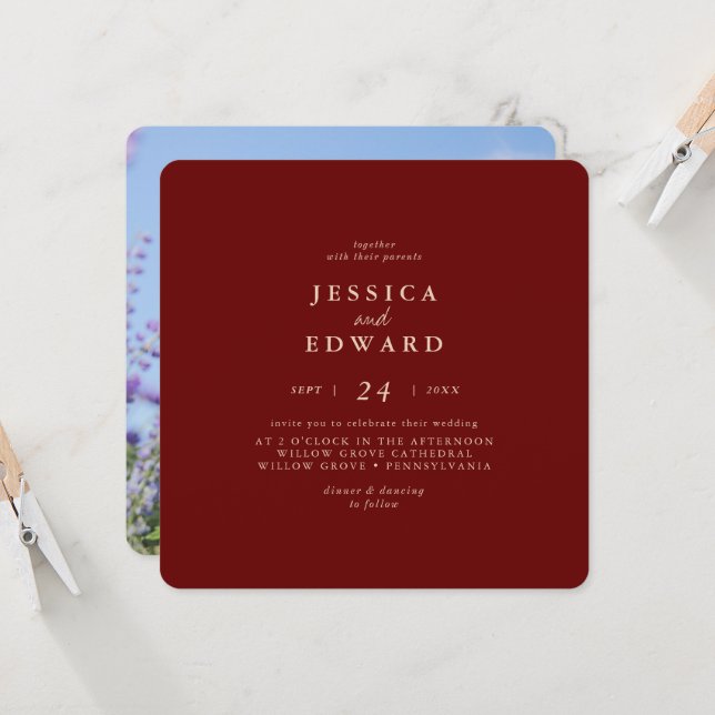 Invitation Mariage photo décontracté Rustic Gold Burgundy (Devant/Arrière en situation)