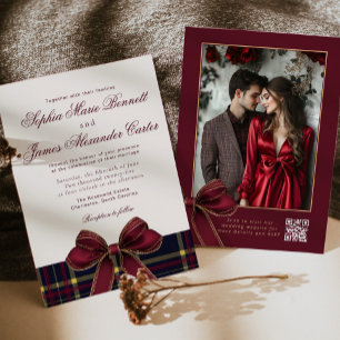 Invitation Mariage photo d'hiver en plaid bordeaux luxueux av