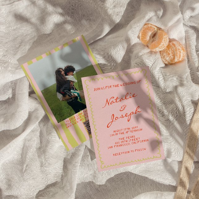 Invitation Mariage photo du code QR à la main Pinstripes écri (Créateur téléchargé)