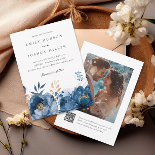Invitation Mariage photo Dusky Blue Gold Floral QR