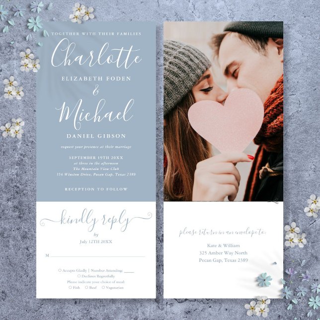Invitation Mariage photo Dusty Blue Élégant Script Tout en un (Dusty Blue Elegant Script All In One Photo Wedding Invitation)