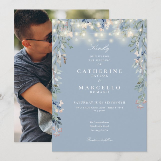 Invitation Mariage photo Dusty Blue Floral (Devant / Derrière)