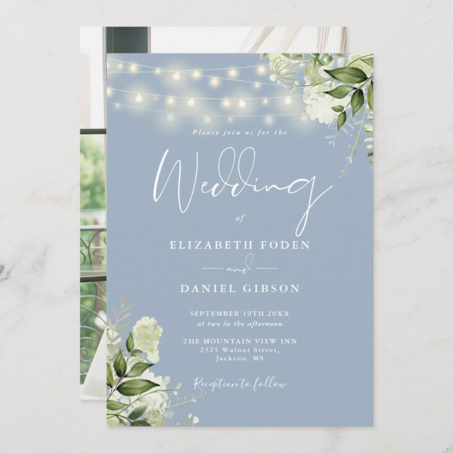 Invitation Mariage photo Dusty Blue Floral (Devant / Derrière)