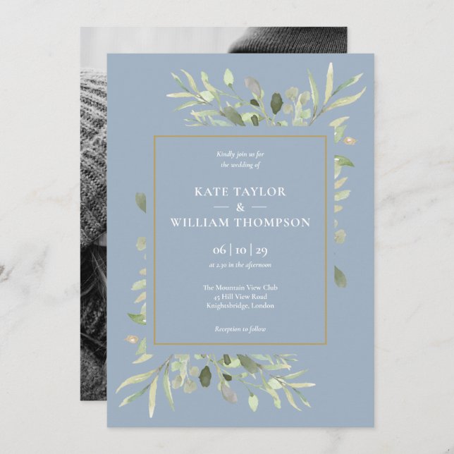 Invitation Mariage photo Dusty Blue Green Foliage (Devant / Derrière)