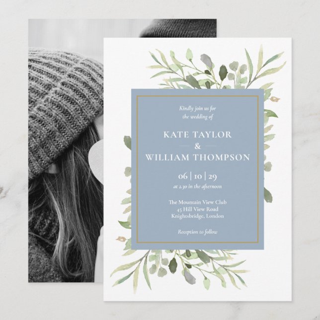 Invitation Mariage photo Dusty Blue Green Foliage (Devant / Derrière)