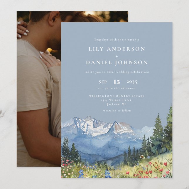 Invitation Mariage photo Dusty Blue Mountain Fleur sauvage (Devant / Derrière)