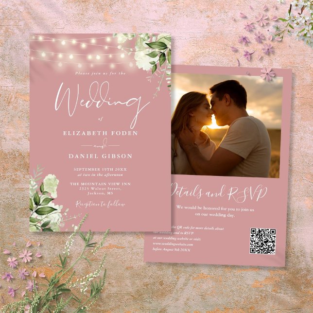 Invitation Mariage photo Dusty Rose Greenerlight QR Code (Dusty Rose Greenery Lights QR Code Photo Wedding Invitation)