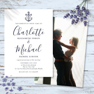 Invitation Mariage Photo Écriture Bleu Marine Ancre Naution
