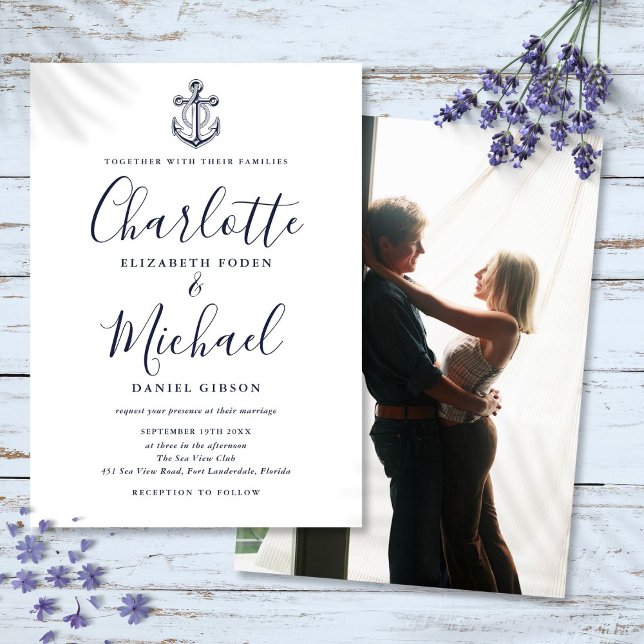 Invitation Mariage Photo Écriture Bleu Marine Ancre Naution (Navy Blue Script Nautical Anchor Photo Wedding Invitation)