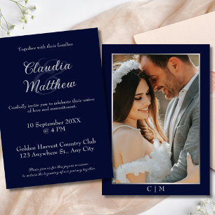 Invitation Mariage Photo Écriture Bleue & Argent Élégante