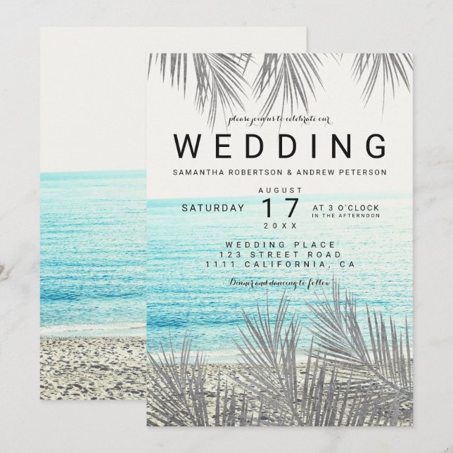 Invitation Mariage photo élégant de plage de palmier d'argent (Devant / Derrière)
