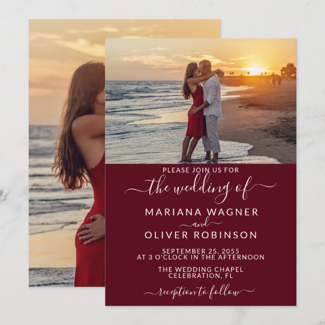 Invitation Mariage photo élégant script Bourgogne (Devant / Derrière)