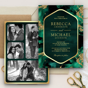 Invitation Mariage photo Emerald Gold Abstrait Fluid Ink