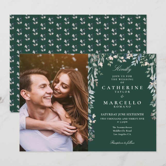 Invitation Mariage photo Emerald Green Floral Fleur sauvage (Devant / Derrière)