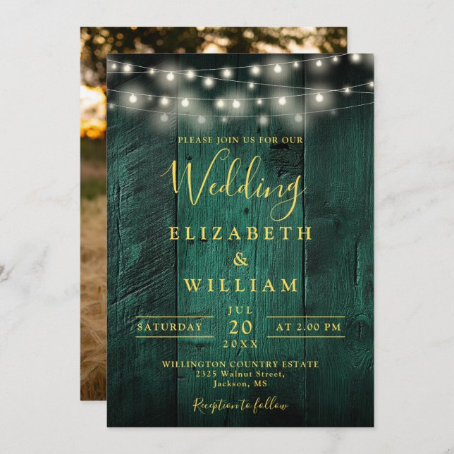 Invitation Mariage photo Emerald Green Wood String (Devant / Derrière)