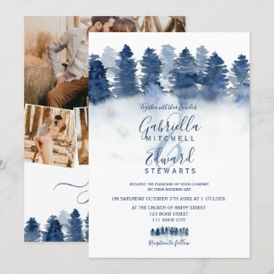 Invitation mariage photo en aquarelle de bois bleu d'hiver