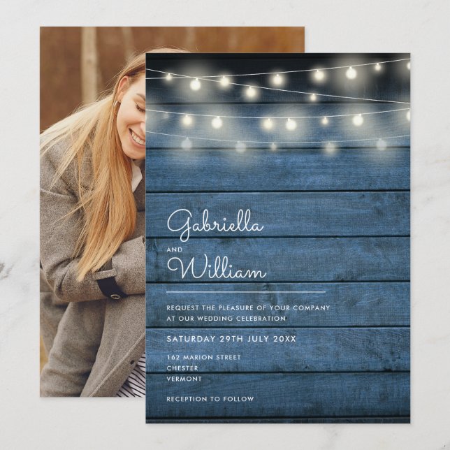 Invitation Mariage photo en bleu de la marine en bois rustiqu (Devant / Derrière)