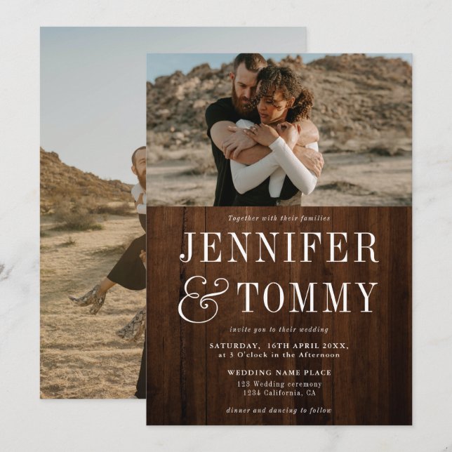 Invitation Mariage photo en bois brun rustique (Devant / Derrière)