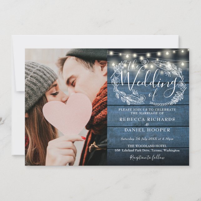 Invitation Mariage photo en bois rustique bleu (Devant)