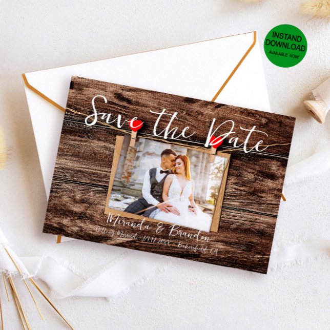 Invitation Mariage photo en bois rustique Enregistrer la date (Créateur téléchargé)